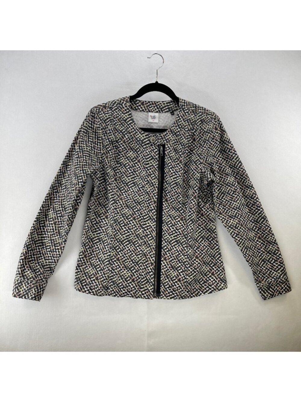 CAbi Blazer Jacket Women Size M Cliffside Asymmetrical Zip Printed Stretch Black